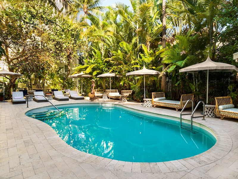 A serene poolside scene with a kidney-shaped pool, surrounded by lounge chairs, umbrellas, and lush tropical greenery.