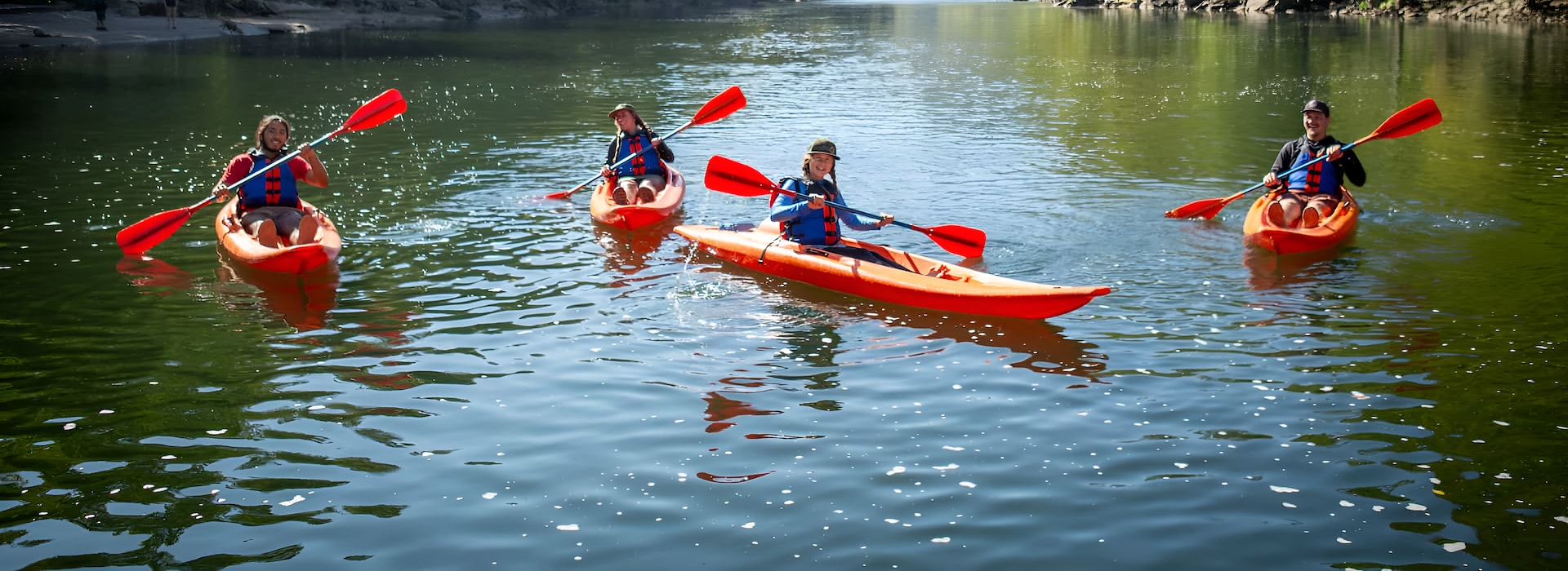 Four individuals paddle kayaks on a river Adventures on the Gorge - Lansing West Virginia USA