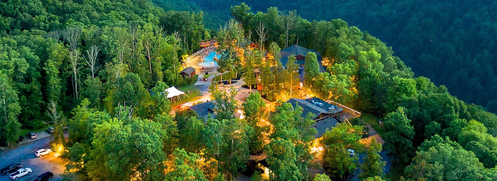 Aerial view of a resort nestled beside a winding river Adventures on the Gorge - Lansing West Virginia USA