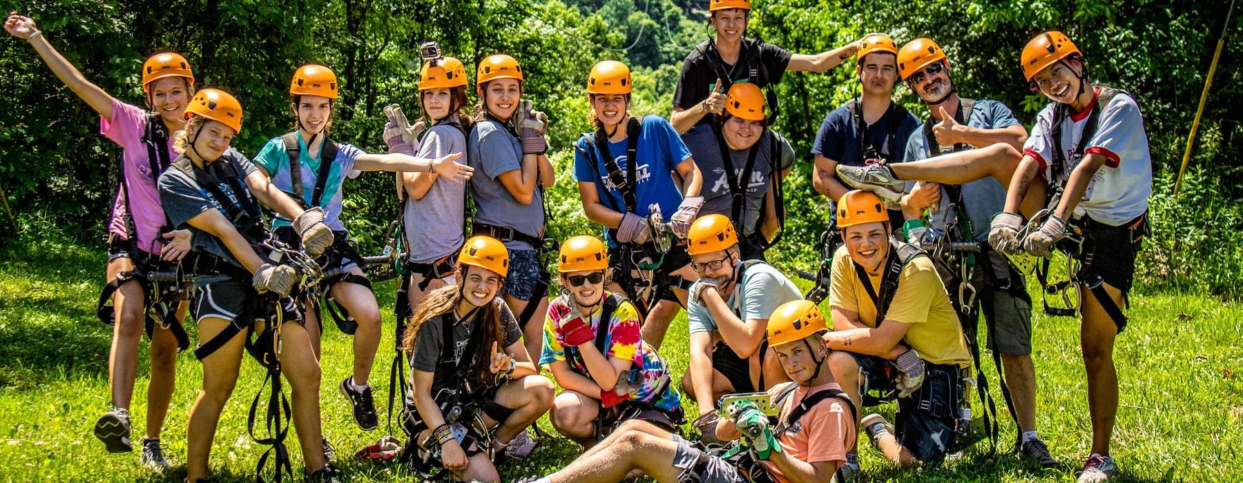 A Family Reunion Group Wearing Helmets And Safety Gear at Adventures on the Gorge - Lansing West Virginia USA