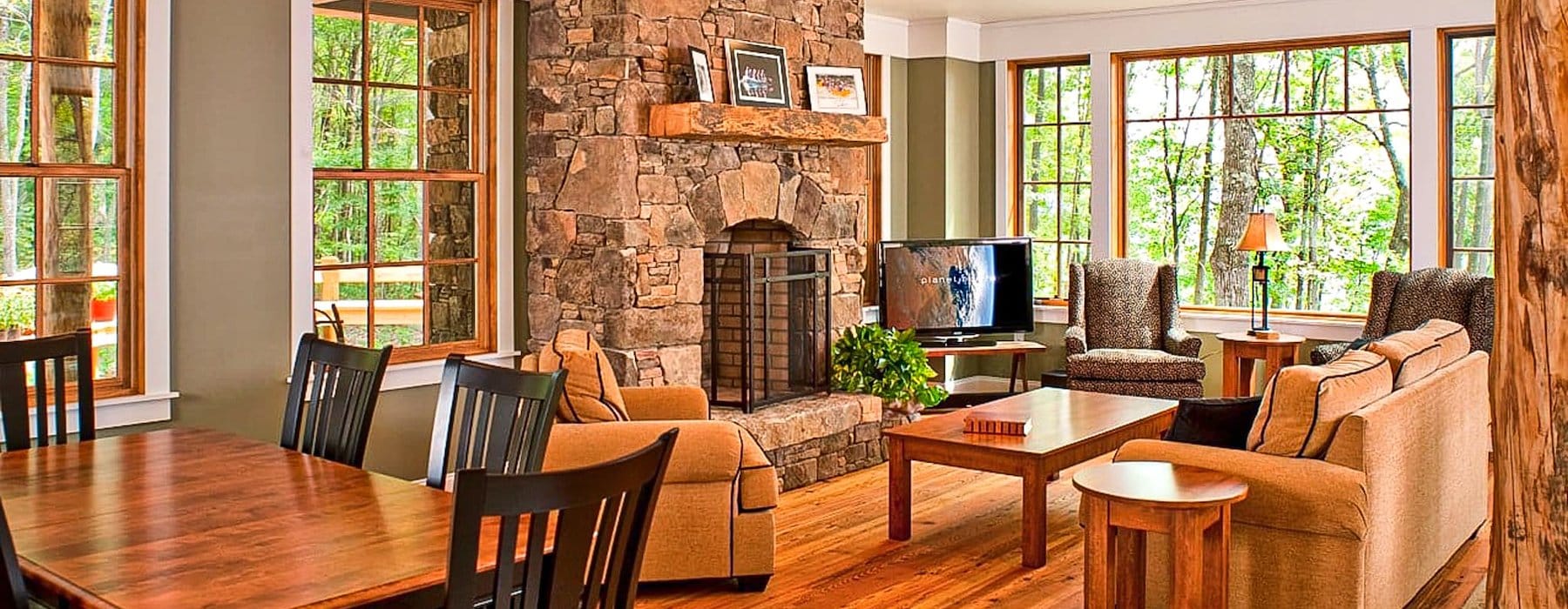 Cozy living room with stone fireplace