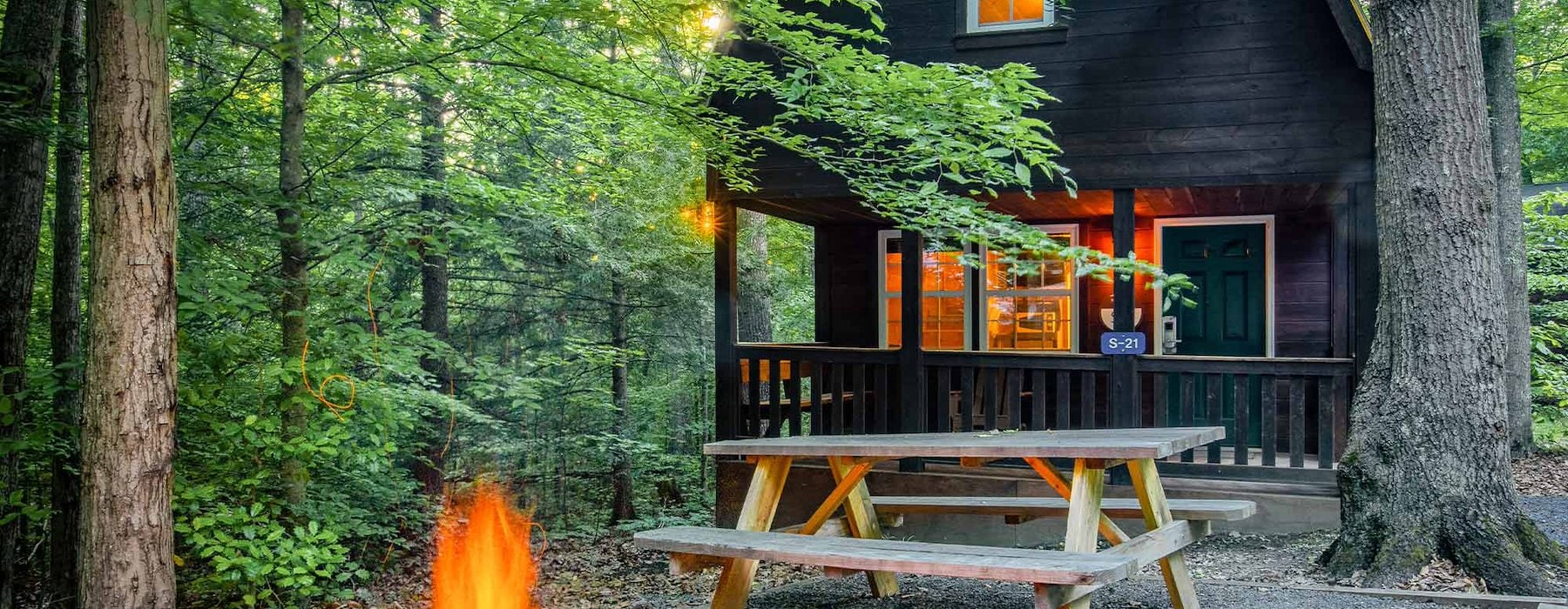 Rustic cabin with fire pit outdoors