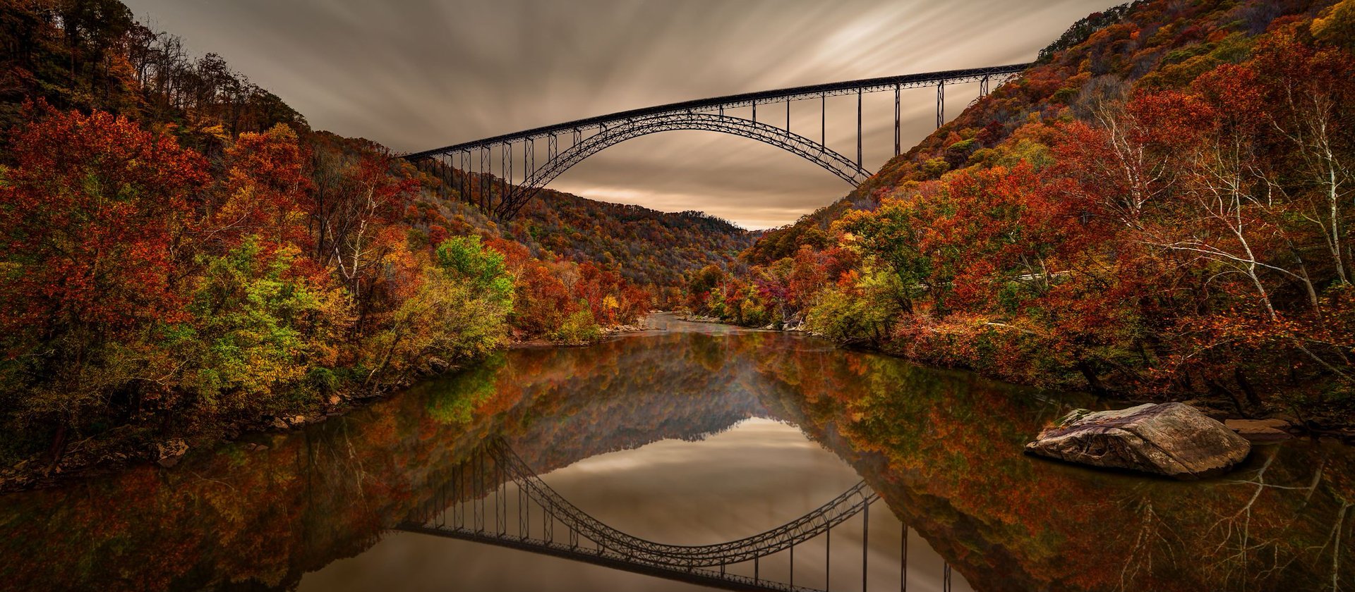 Fall leaves in the New River Gorge National Park with the bridge in the background- West Virginia