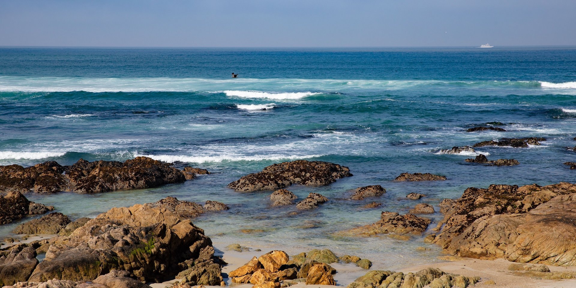 Rocky shoreline with tan sand and clear Asilomar Hotel and Conference Grounds - Pacific Grove California