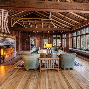 Rustic living room with wooden walls and ceiling Asilomar Hotel and Conference Grounds - Pacific Grove California