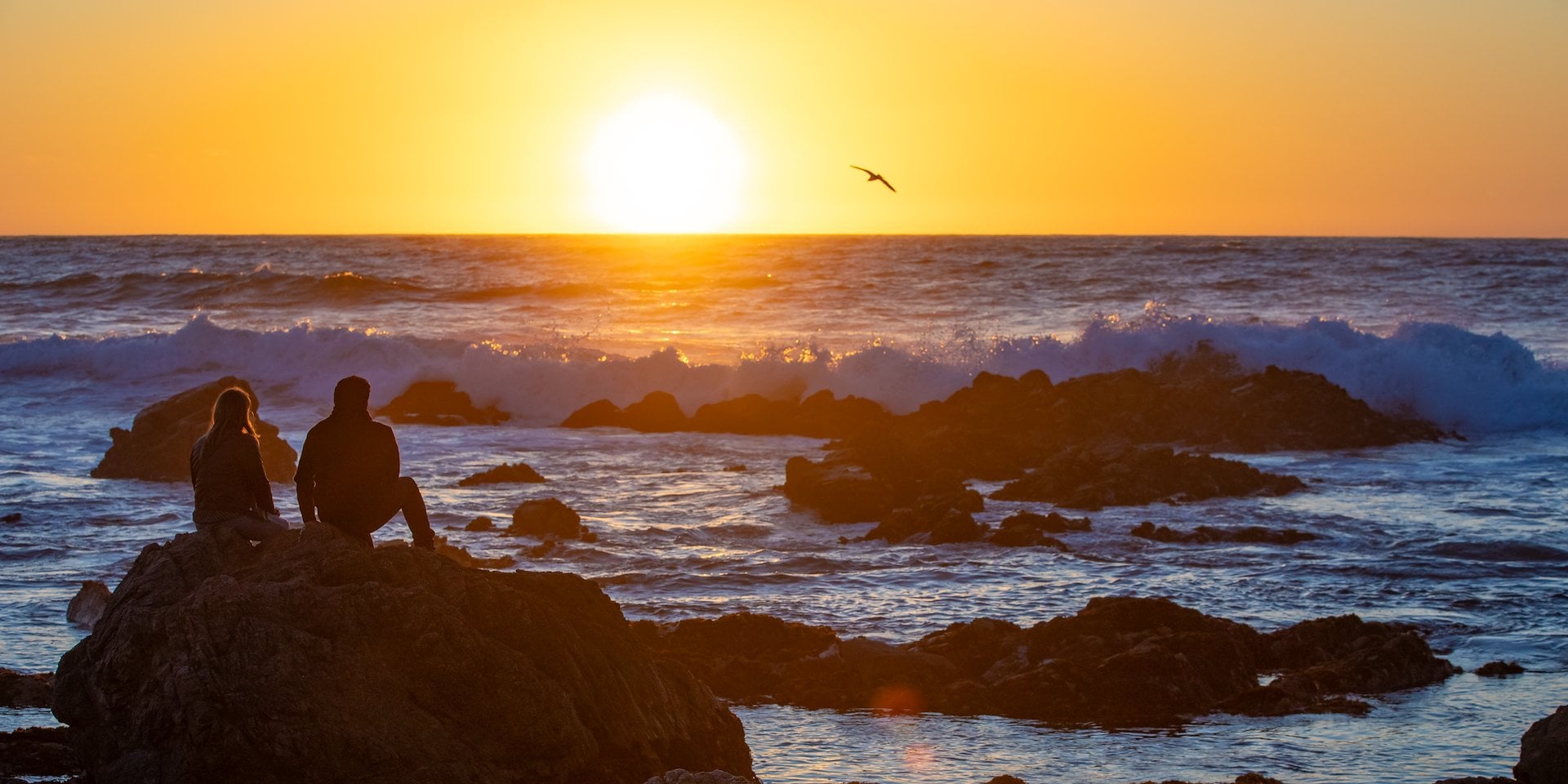 Silhouetted figures sit on rocks by the ocean Asilomar Hotel and Conference Grounds - Pacific Grove California