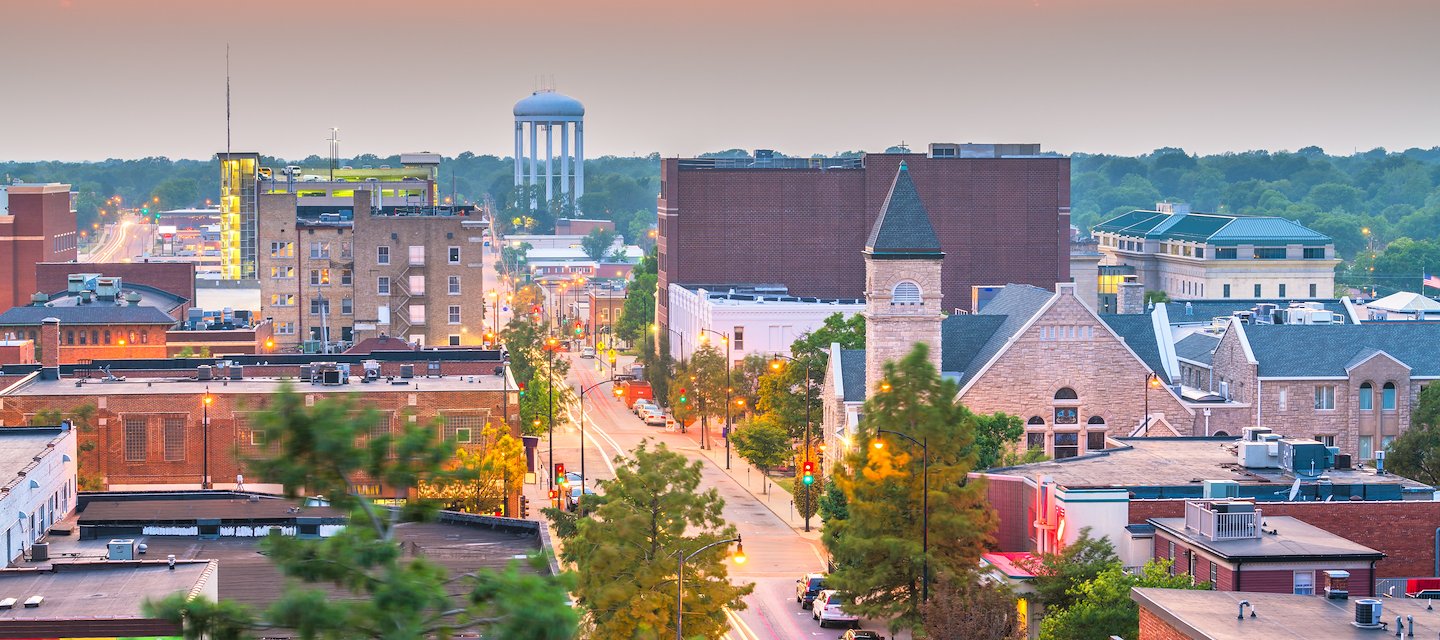 Sunset over downtown Columbia, Missouri near Wingate by Wyndham hotel.