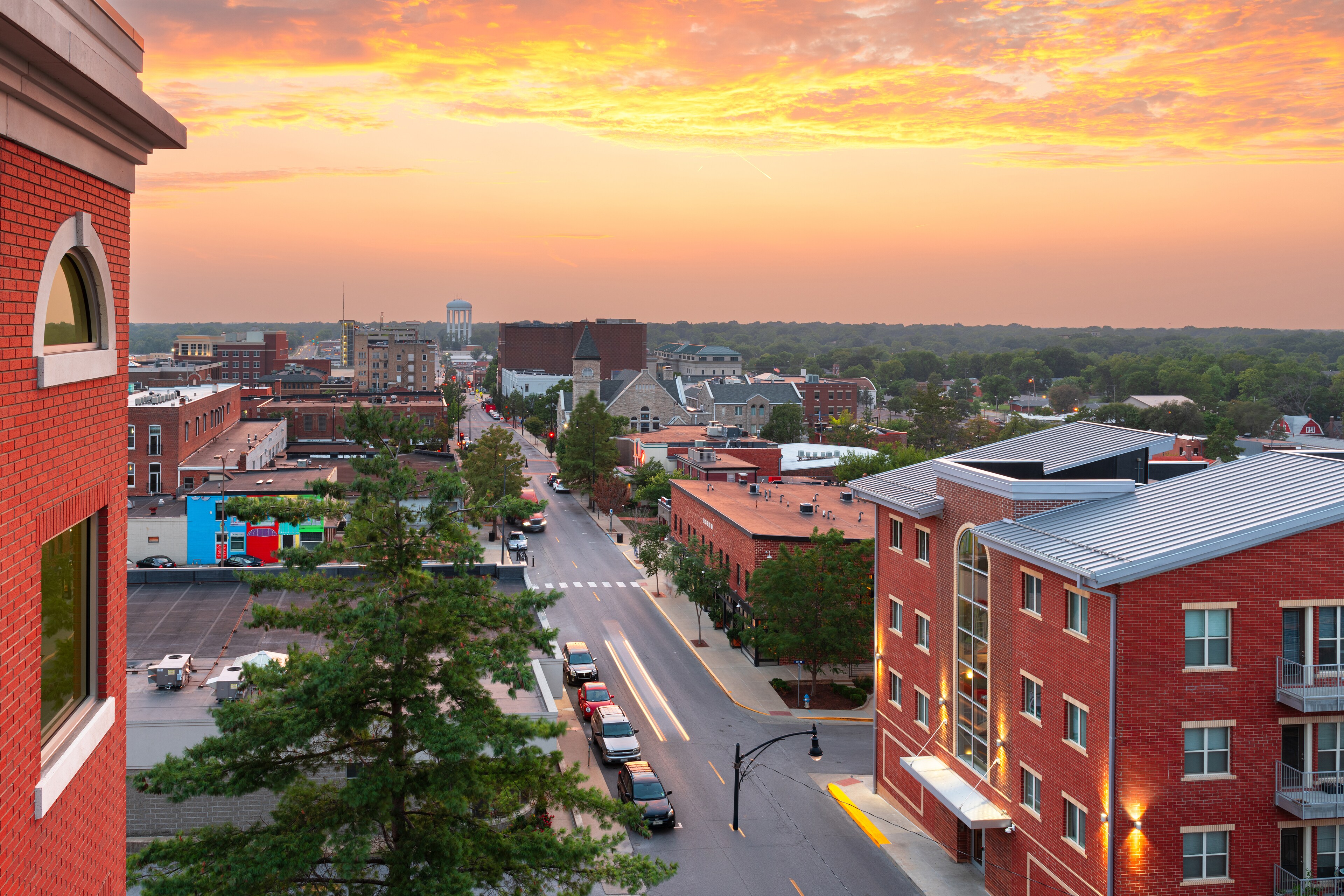 View of Columbia, Missouri, from Wingate by Wyndham at sunset.