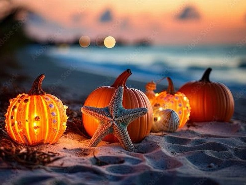 A group of pumpkins and a starfish on a beach