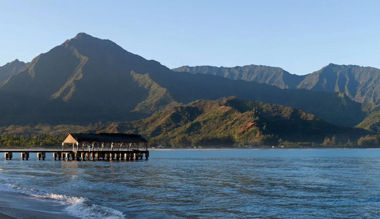 View Surrounding Mountain Hanalei Pier in Oahu Tours by Roberts Hawaii, Honolulu, HI, USA - Large