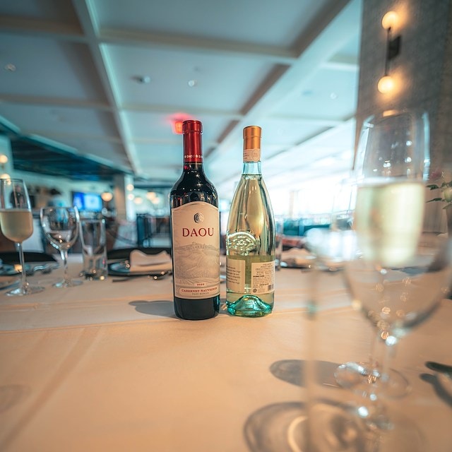 Rose wine bottles on table at Canopy by Hilton Boston