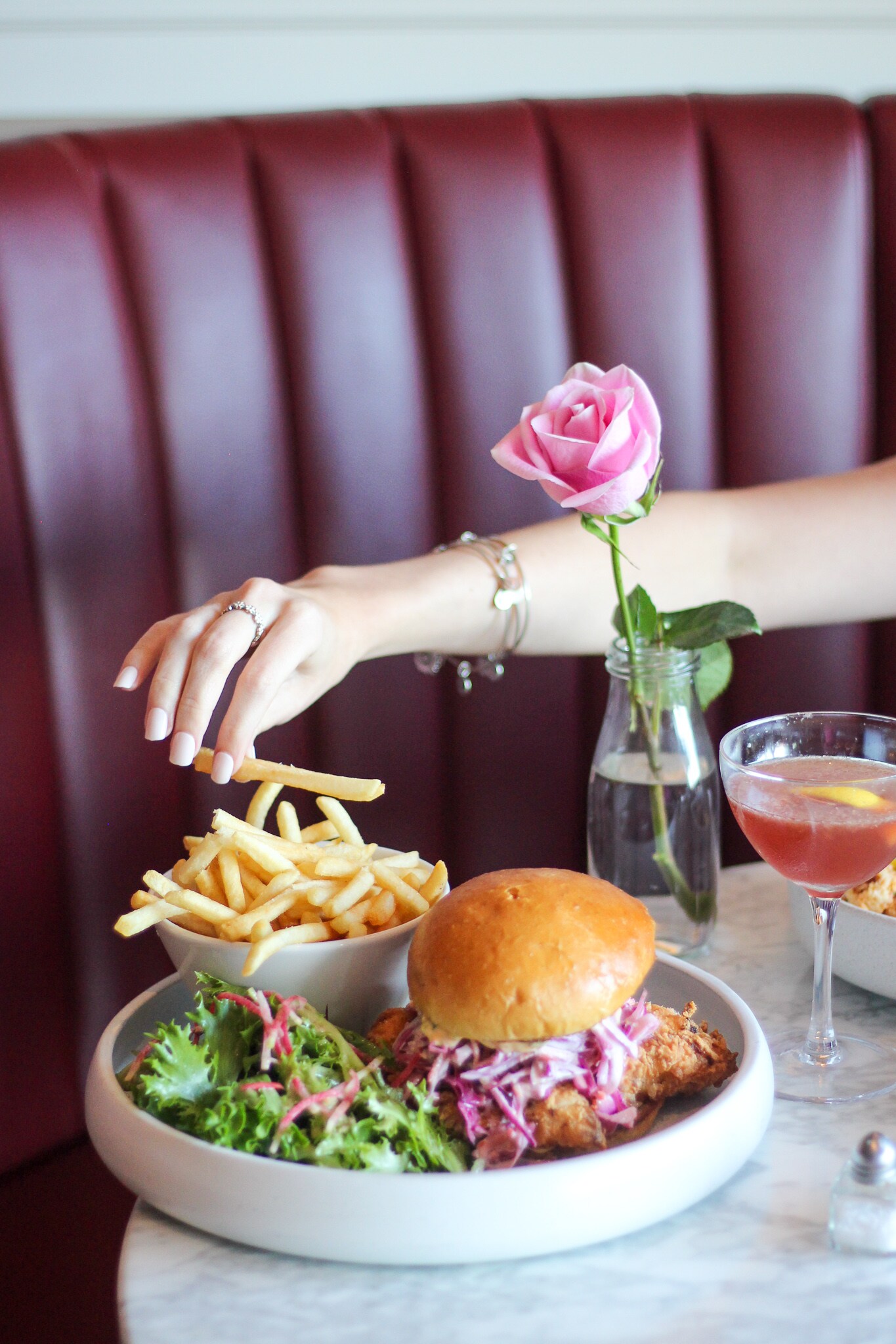 Signature sandwich served with salad and drink at ROSE Town Kitchen & Bar, Boston Downtown