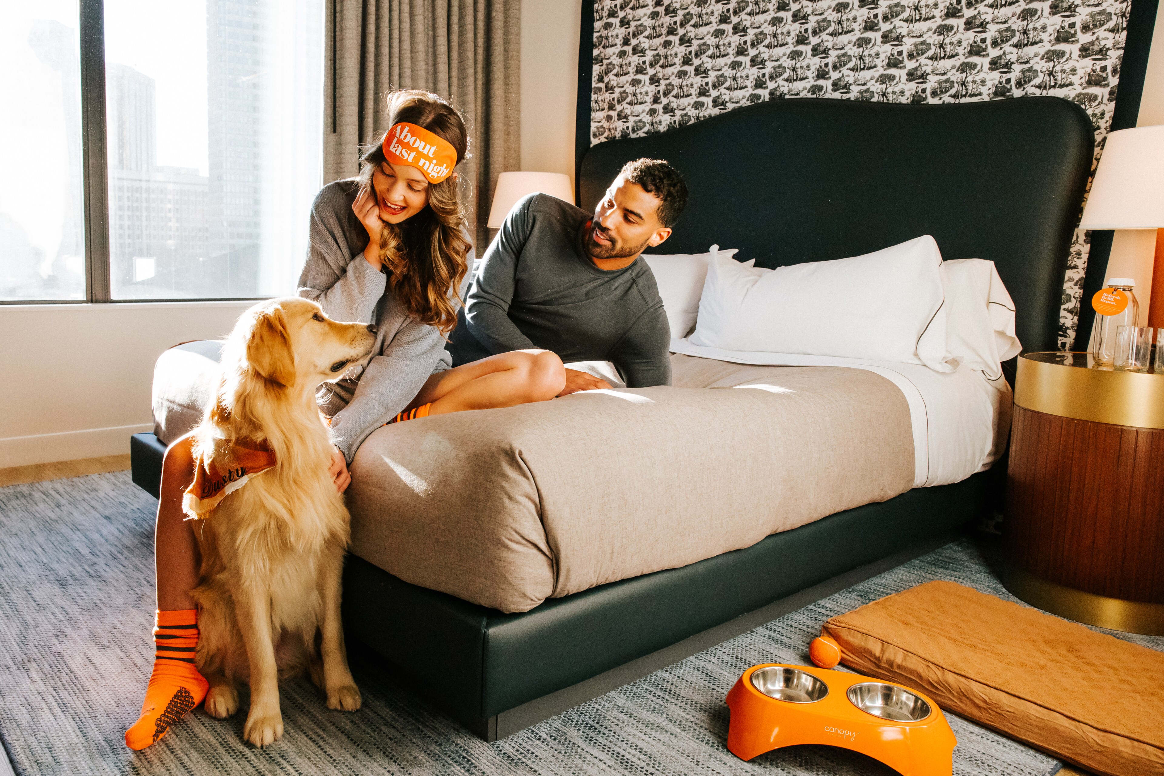 A cozy moment with a dog at Canopy by Hilton Boston Downtown hotel room.