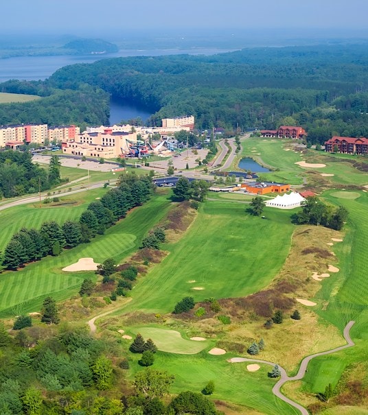 An aerial view of a golf course and resort, Chula Vista Resort, Wisconsin Dells, Wisconsin