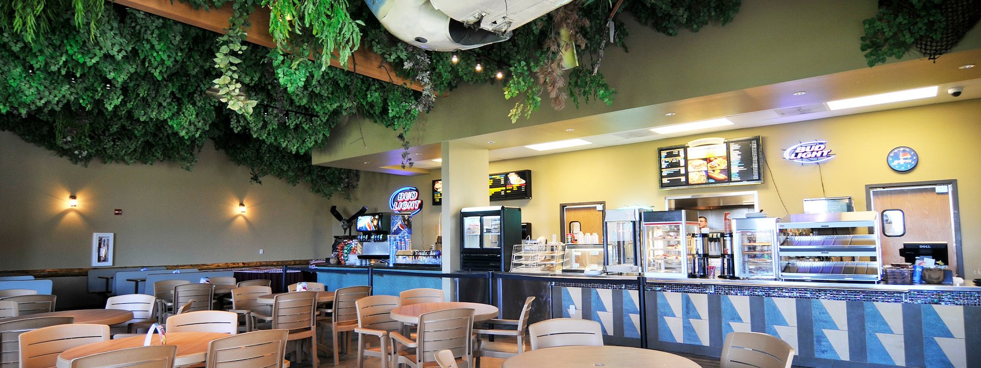 Restaurant interior with plane wings and green foliage on the ceiling, Chula Vista Resort, Wisconsin Dells, Wisconsin