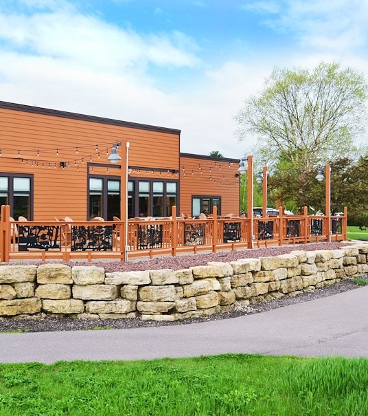 The outside of a restaurant with a patio and a walkway, Chula Vista Resort, Wisconsin Dells, Wisconsin