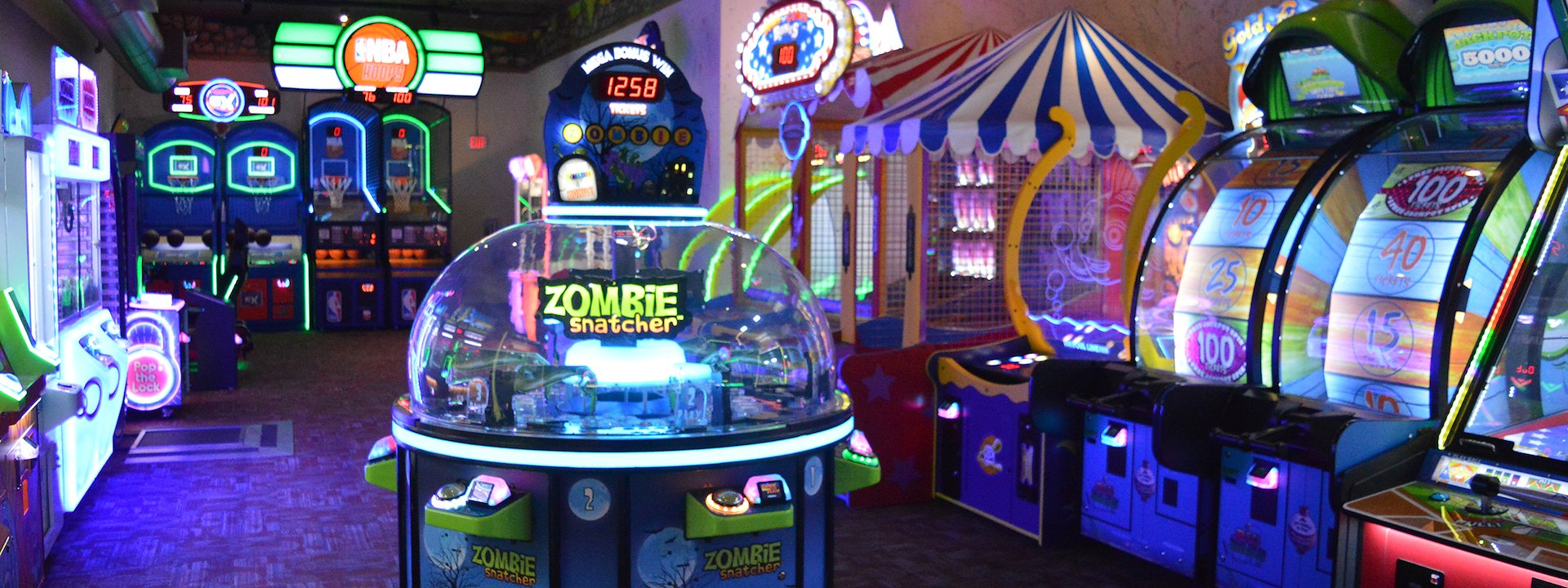 A colorful arcade with glowing game machines at Chula Vista Resort, Wisconsin
