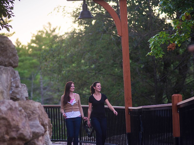 Two women walking on a bridge