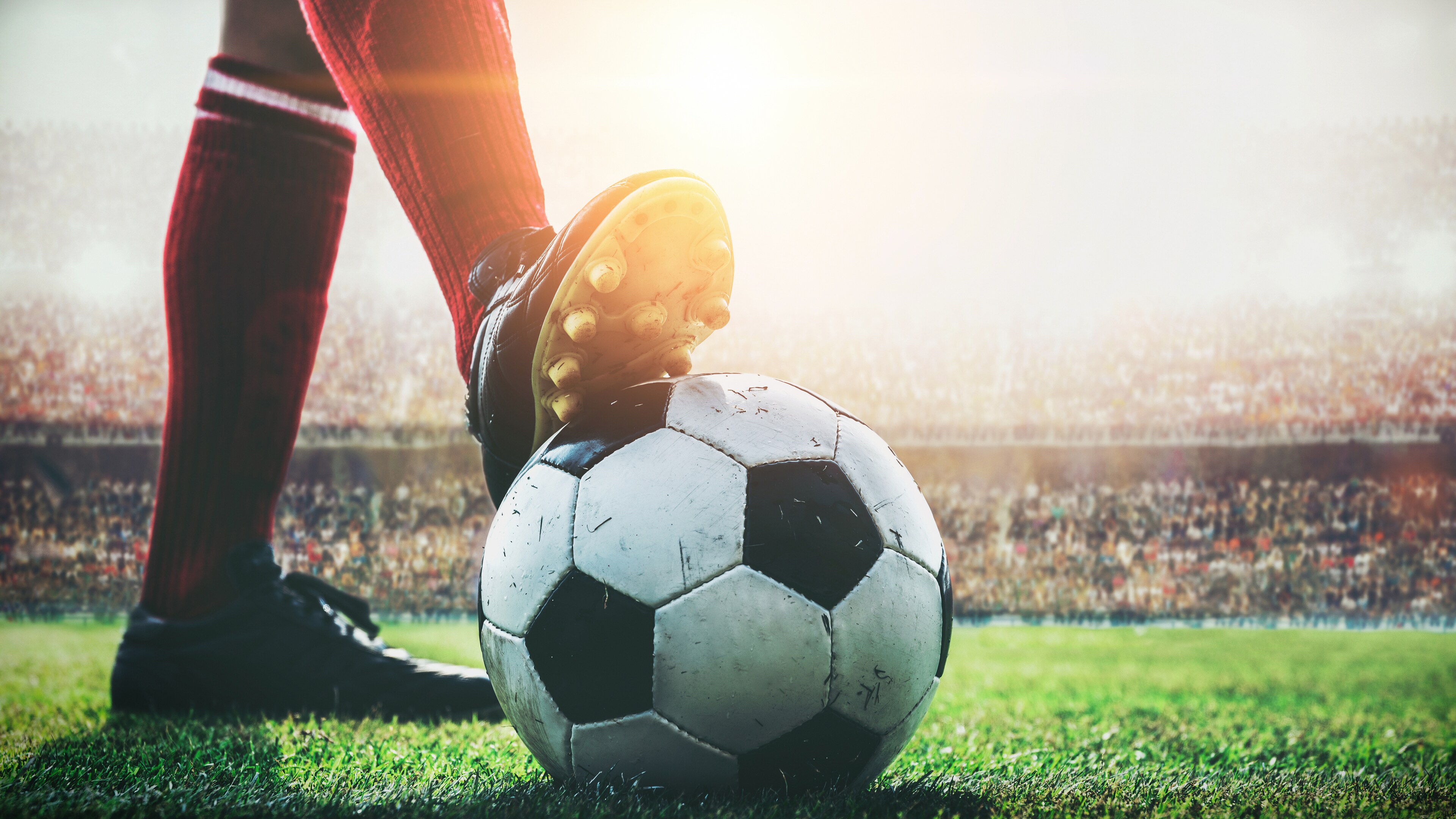 person with their foot on soccer ball