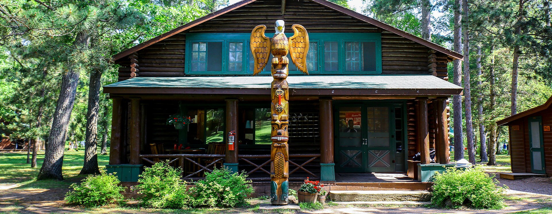 Camp office with totem pole 