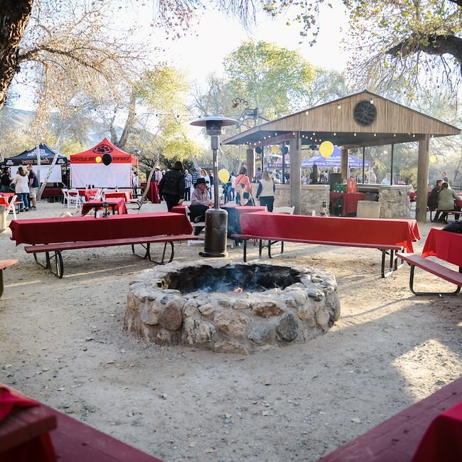 An outdoor gathering area with a fire pit, picnic tables, and a gazebo.