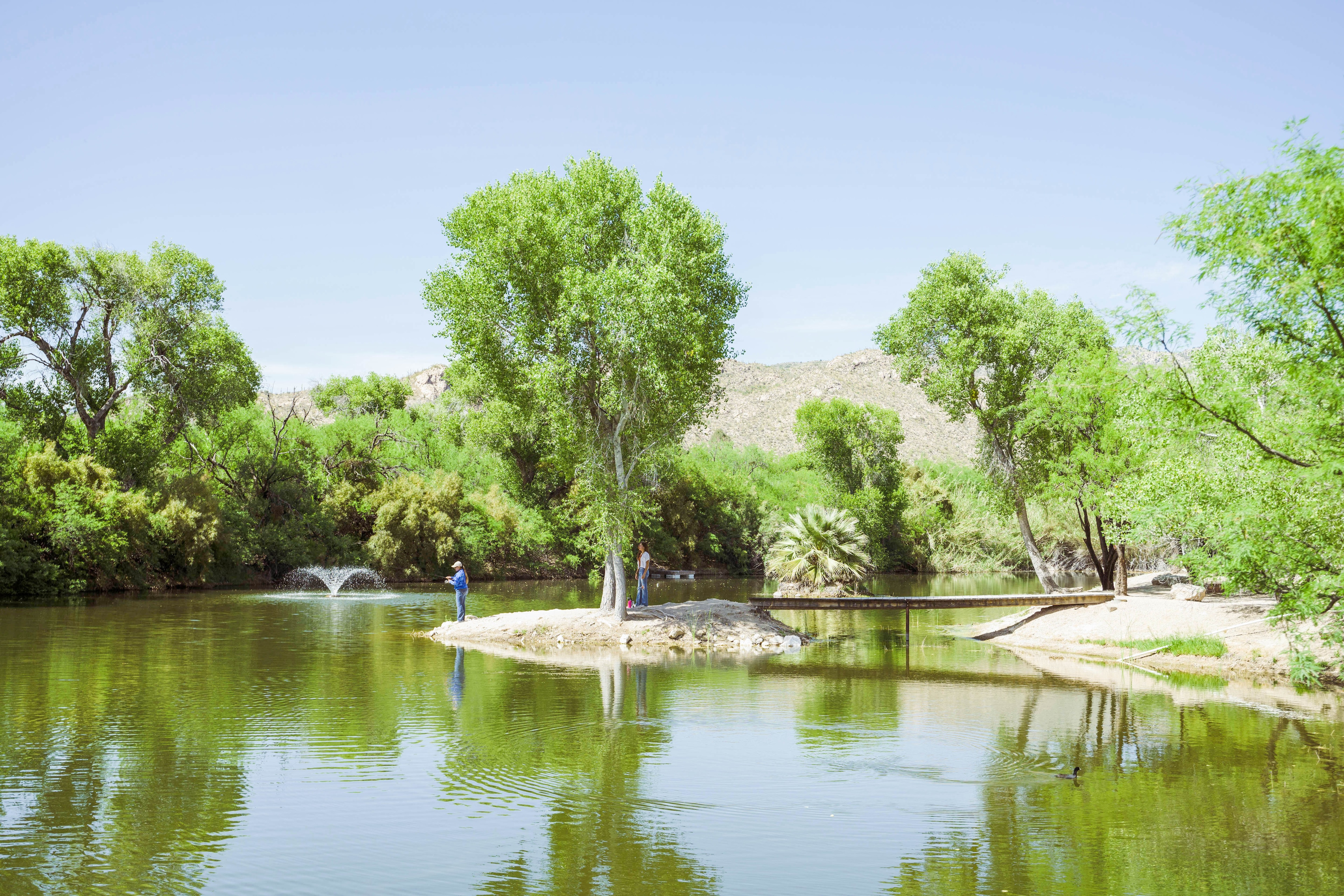 A serene landscape with a pond, fountain, and people fishing.