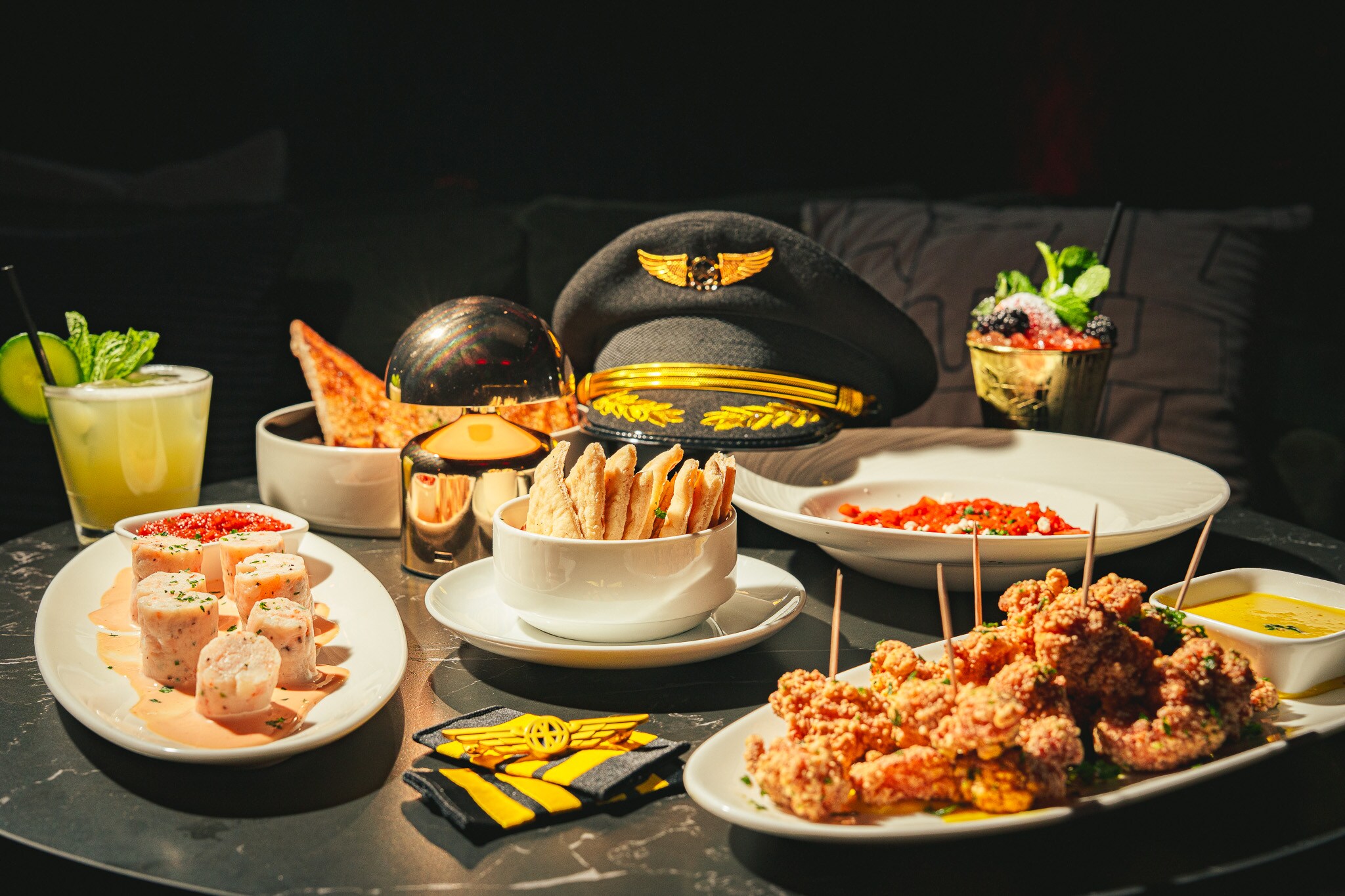 A table with food and drinks on it, Nova Lounge at Vast, Oklahoma