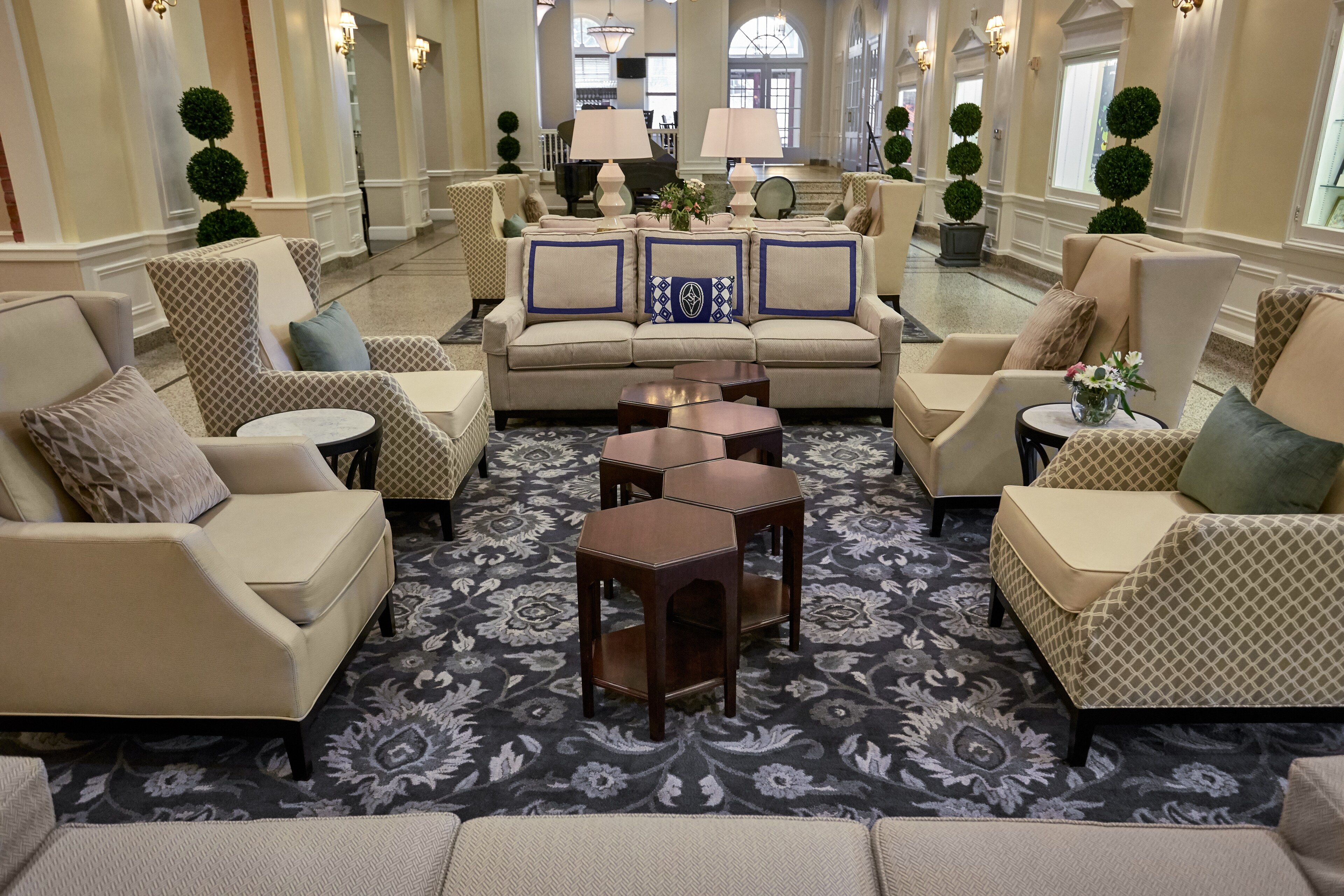 Hotel 24 South lobby with white sofas and chairs, Staunton, Virginia