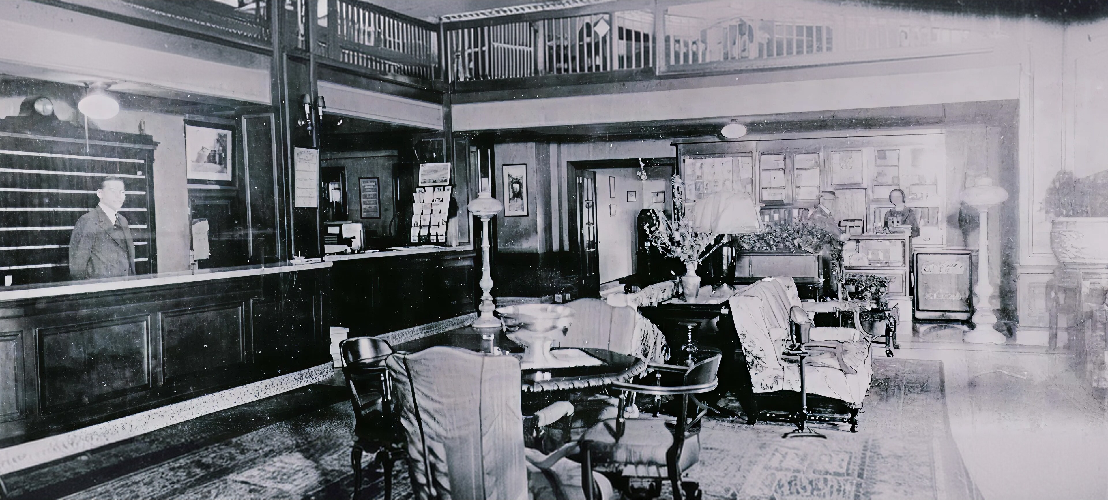 An old photo of a lobby with people sitting at tables, Hotel 24 South, Staunton, Virginia
