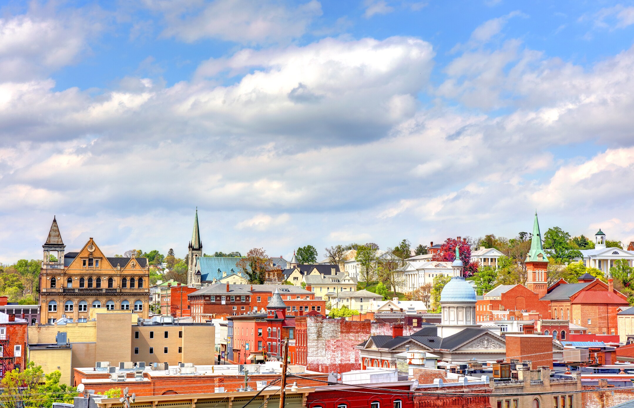 A view of a city with many buildings and a church, Staunton, Virginia