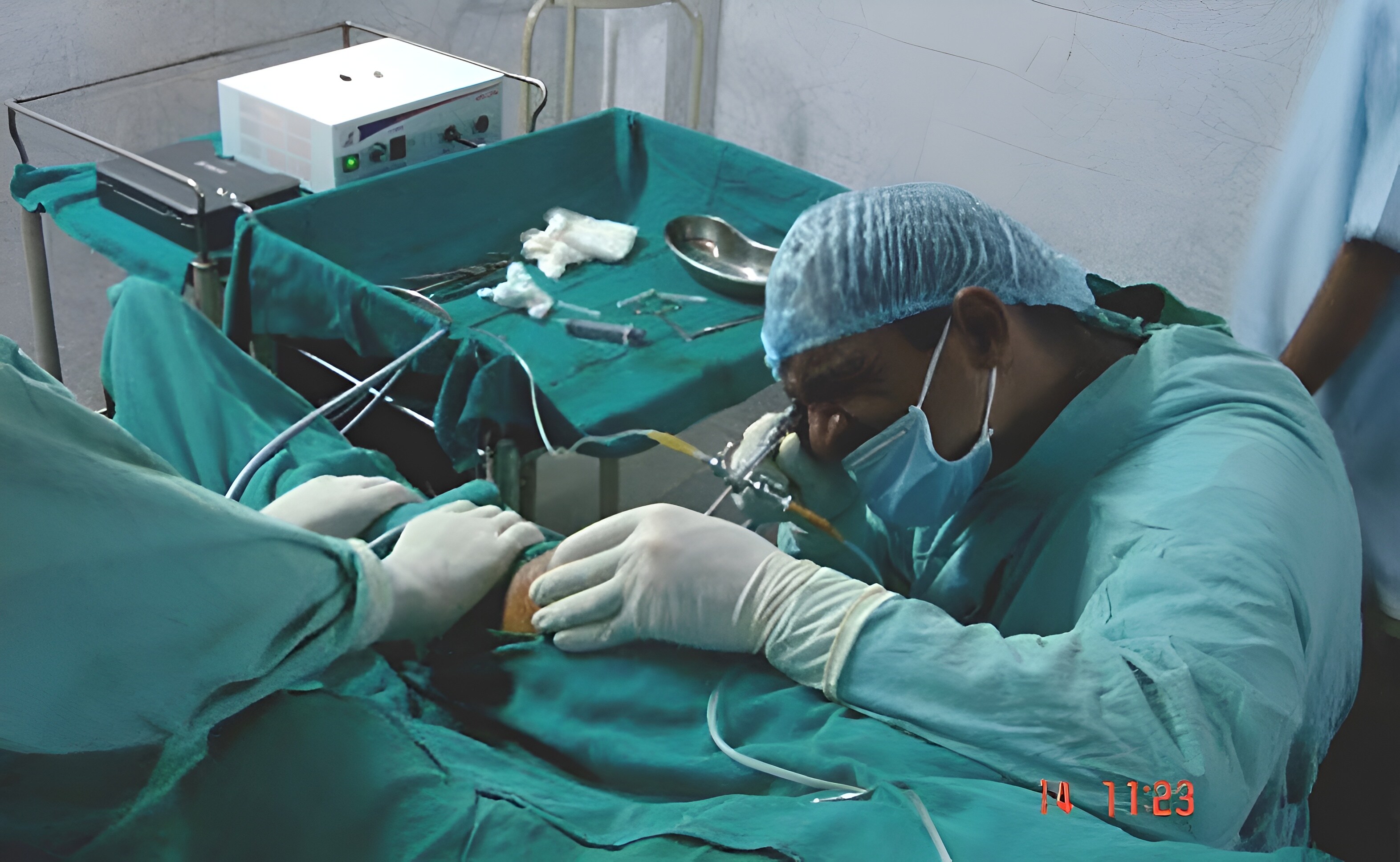 A surgeon performs a procedure at Brij Medical Centre in Kavi Nagar, UP.