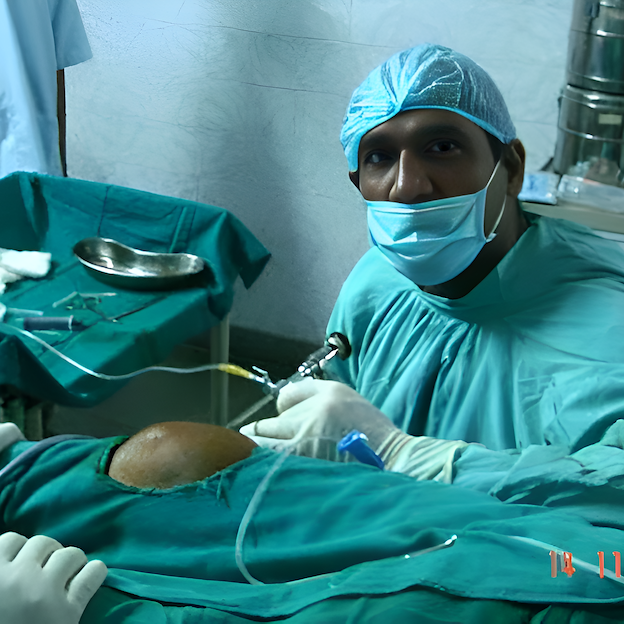 Surgeon performing a procedure at Brij Medical Centre in Kavi Nagar, UP.