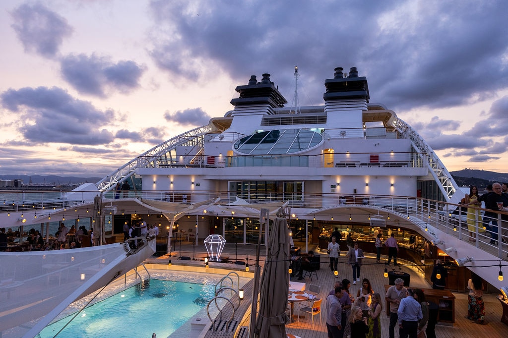 Private charter cruise ship hosting welcome reception