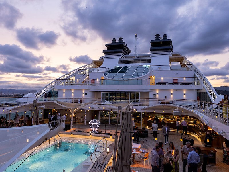Private charter cruise ship hosting welcome reception