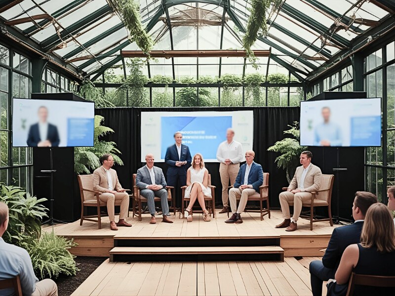 Panel discussion taking place in a modern greenhouse venue