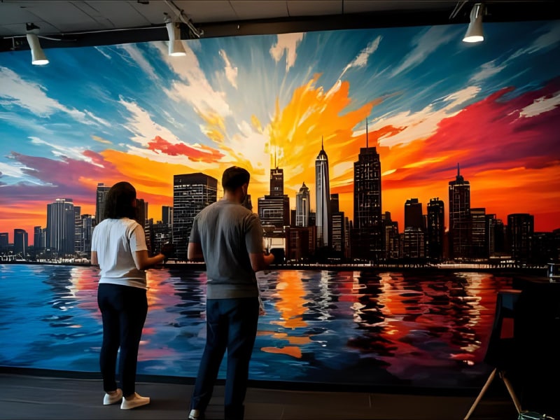 A man and woman painting a city