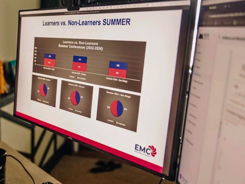 Computer screen showing conference data analytics and attendee insights