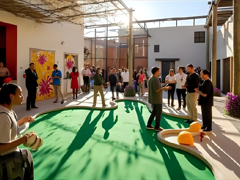 A group of people standing around a miniature golf course