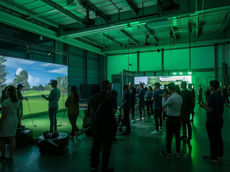 A group of people standing in a room with a large screen