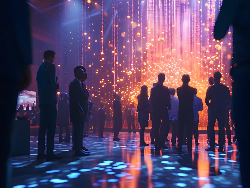 A group of people standing in a room with lights and a stage