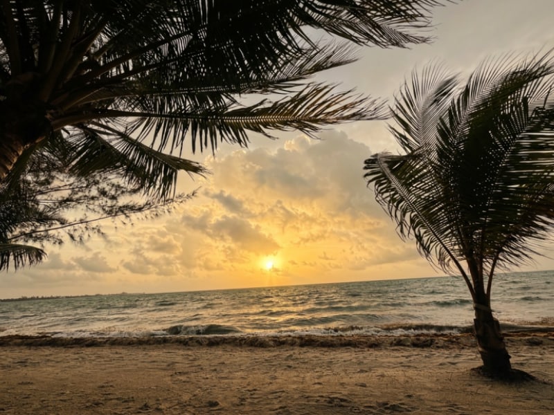 Tropical beach at sunset.