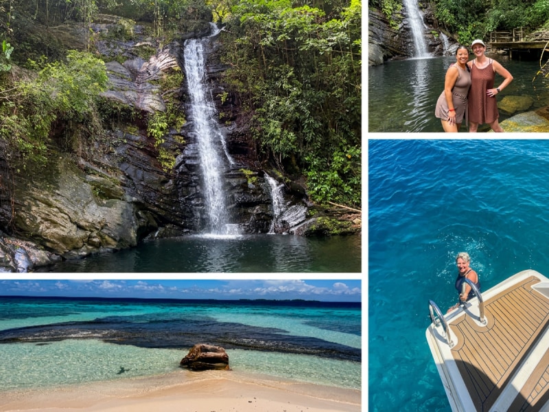 Collage featuring a waterfall, tropical beach, and boat.