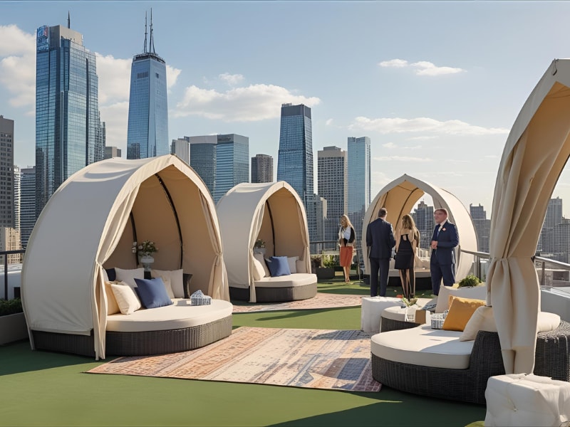 A group of people standing around outdoor furniture on a rooftop