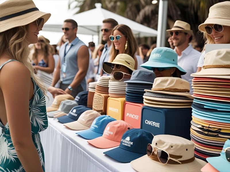 A group of people standing next to a table with hats