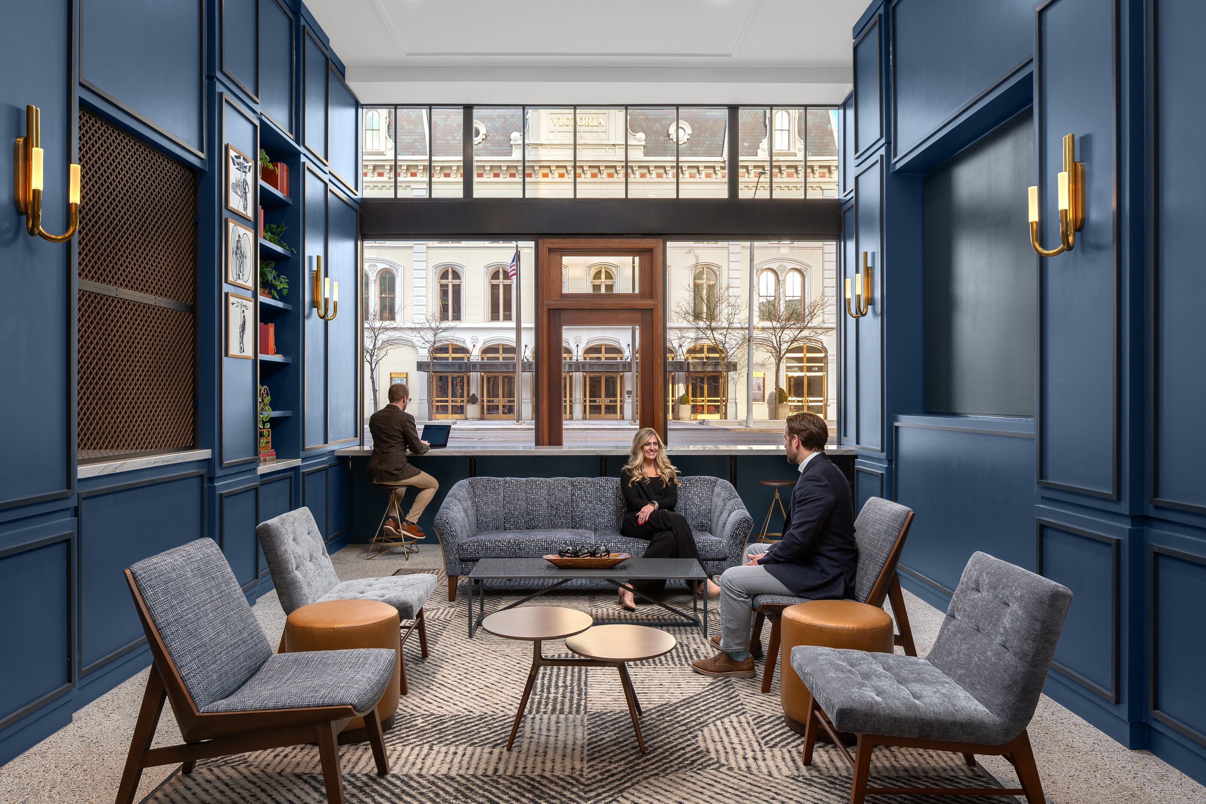 The stylish lobby of Hotel Ardent in Dayton, OH, features contemporary decor.