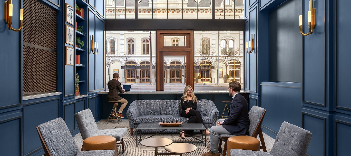 The Stylish Lobby of Hotel Ardent In Dayton OH Features Contemporary Decor