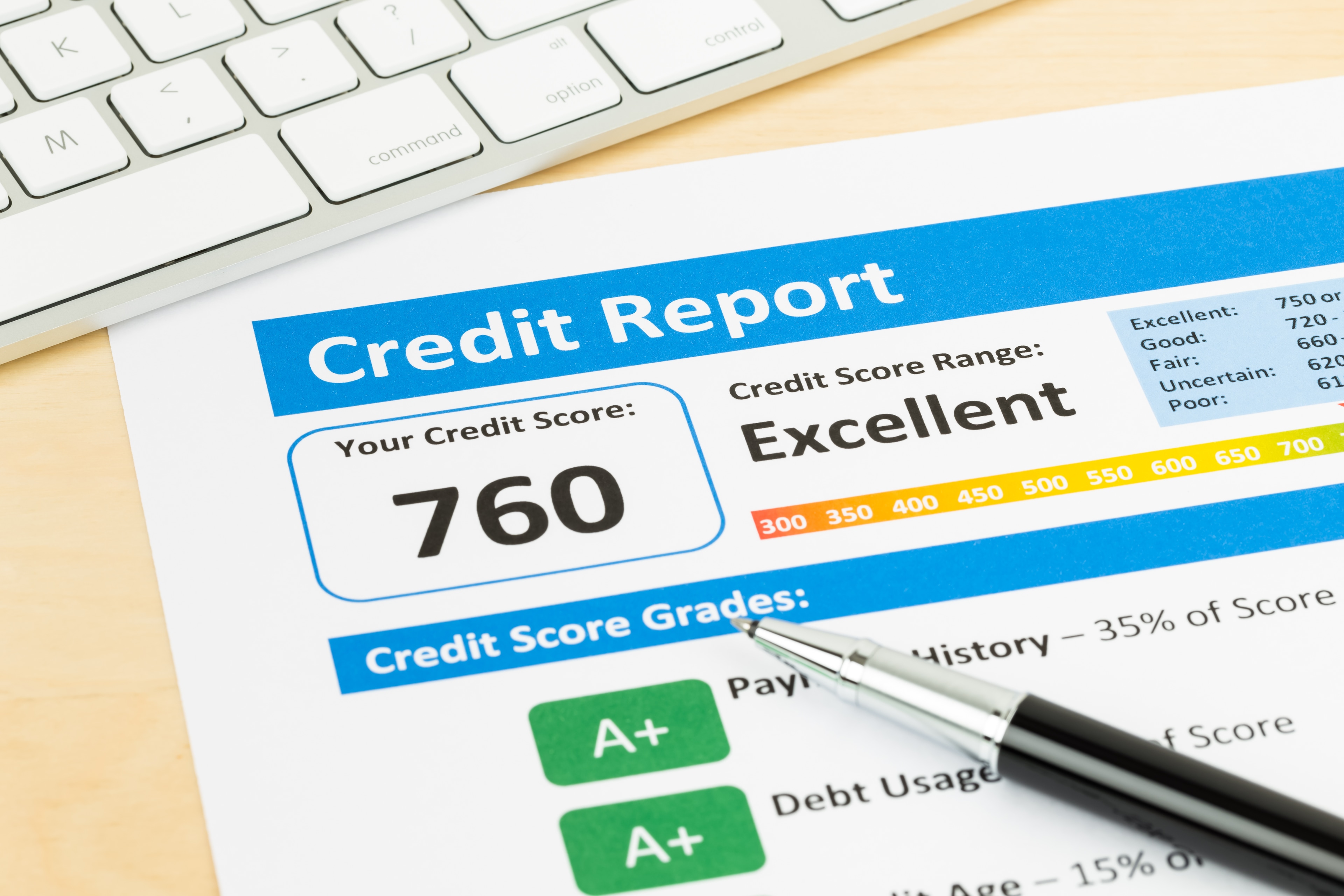 An excellent credit report on a desk