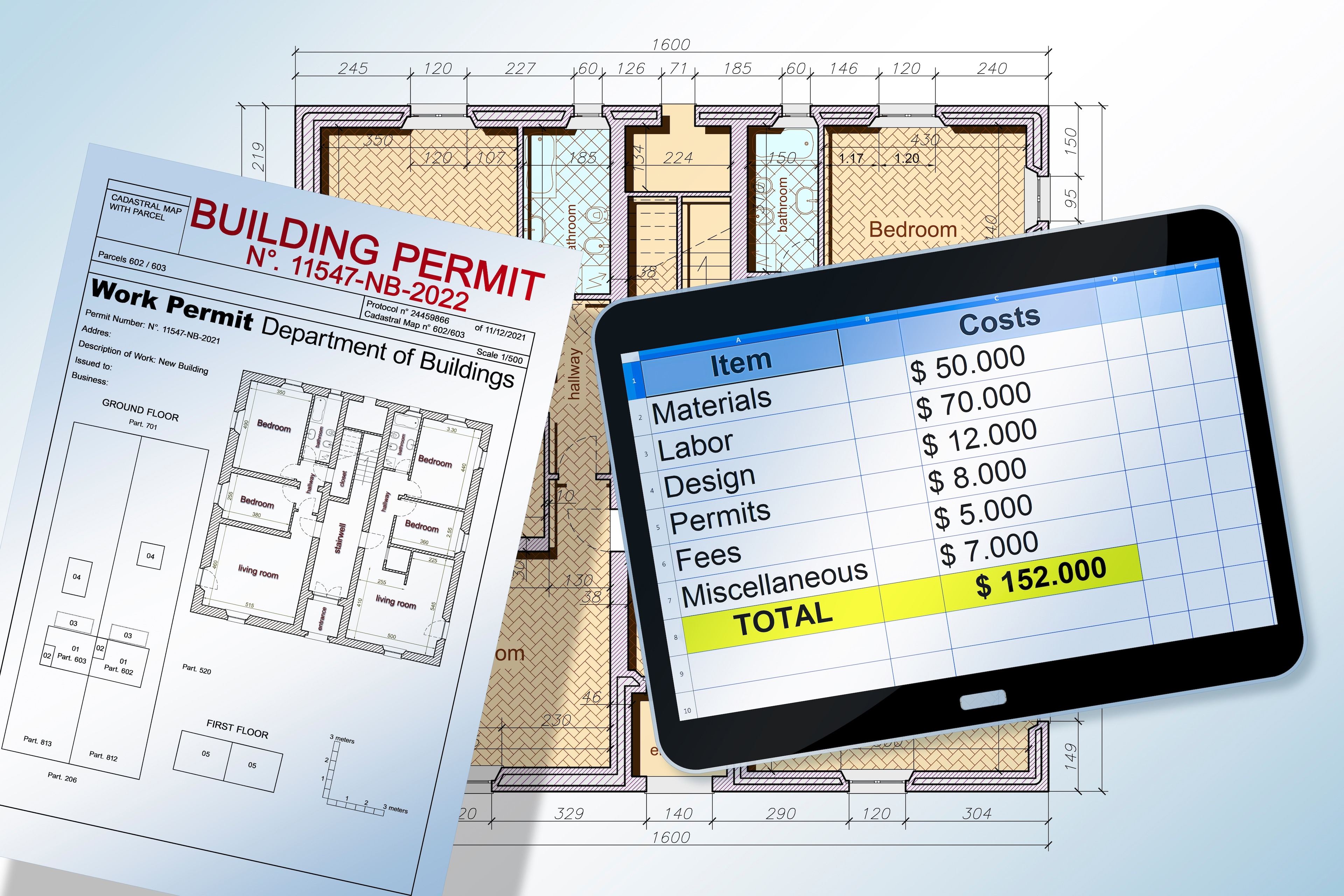 Building permit, blueprint, and tablet showing construction loan fees.