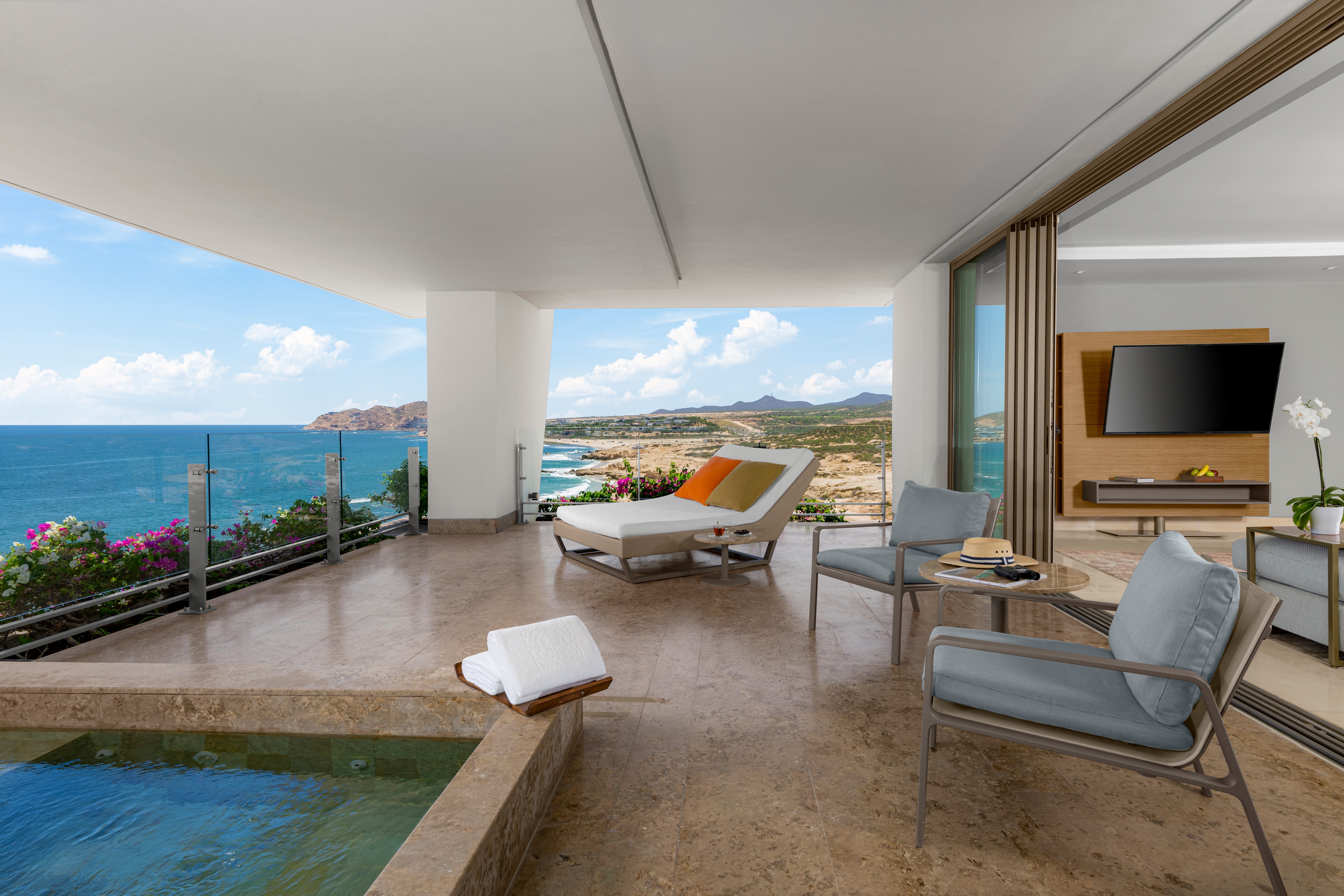 A large balcony overlooking the ocean with a view of the water, Grand Velas Los Cabos, San Lucas, Mexico