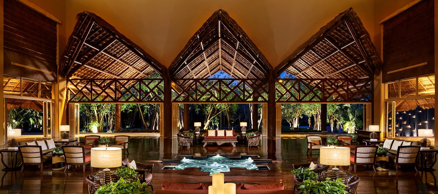 The lobby of a resort with a large pool, Grand Velas Riviera Maya, Playa del Carmen, Mexico